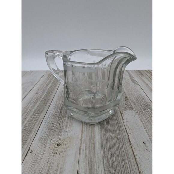 Vintage Pressed Glass Creamer Clear Etched Flowers - Picture 1 of 5
